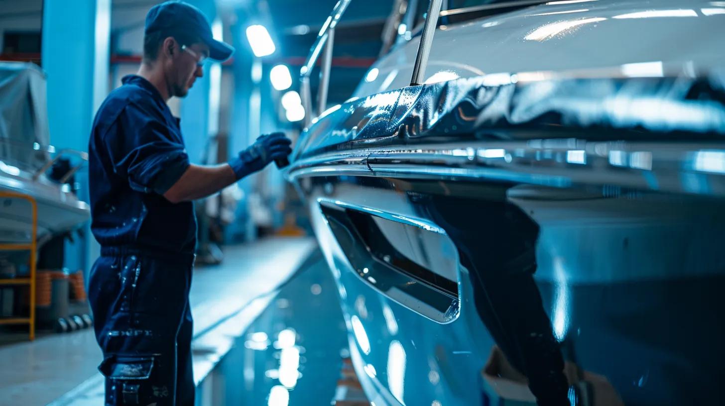 a close-up shot of a technician meticulously applying a glossy ceramic coating to the sleek hull of a freshwater boat in a modern workshop, with vibrant reflections highlighting the product's protective qualities under bright, focused led lighting.