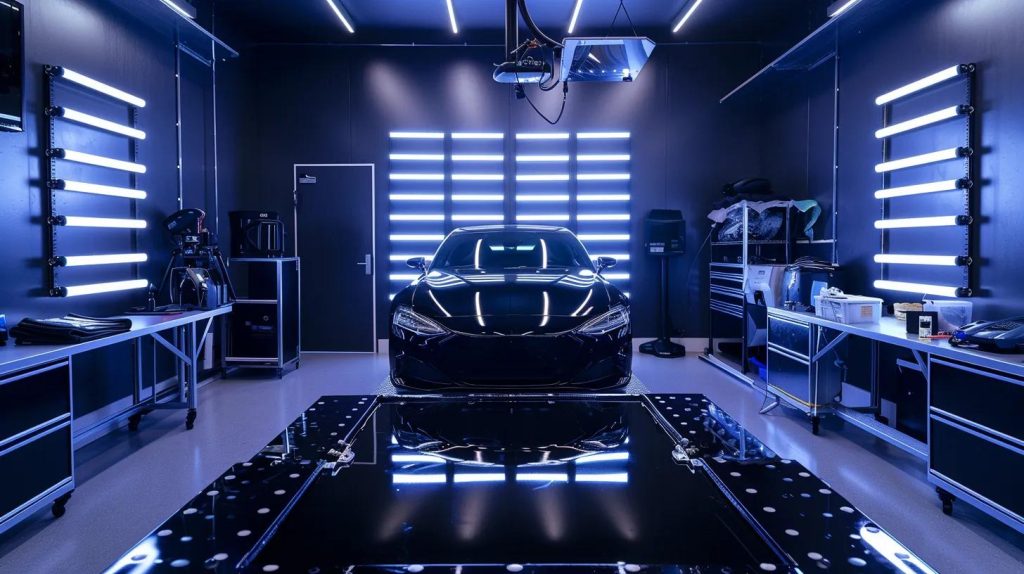 a meticulously arranged workstation showcases a gleaming ceramic coating application on a sleek, modern car hood, illuminated by focused led lights that enhance its glossy finish in a stylish automotive detailing studio.