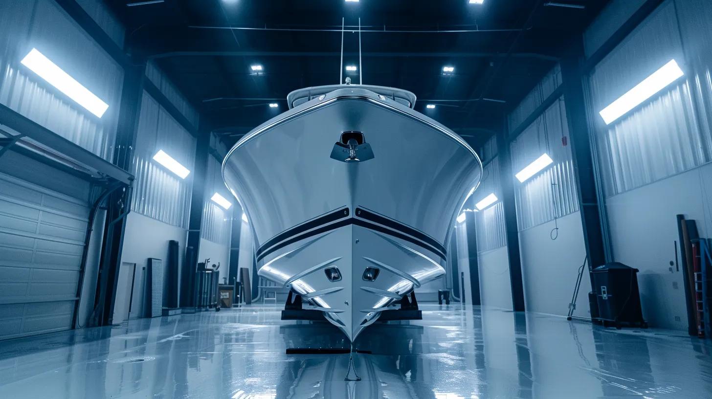 a meticulously polished freshwater boat glistens under bright studio lights, showcasing its newly applied transparent ceramic coating that highlights the boat's sleek lines and vibrant gelcoat finish, set against a modern industrial backdrop.