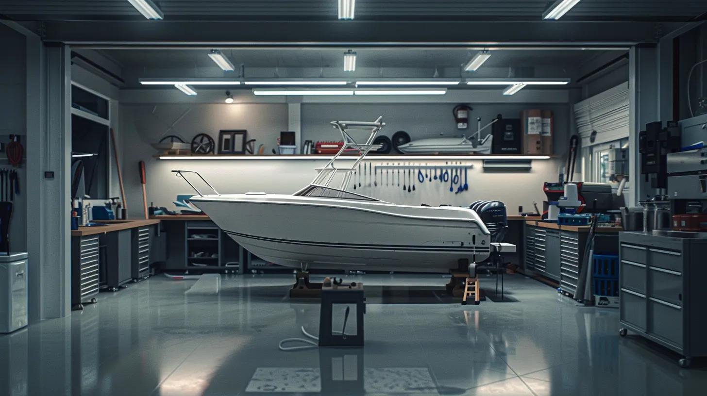 a pristine freshwater boat gleams under studio lights, showcasing a flawless ceramic coating, surrounded by professional cleaning tools and maintenance products arranged strategically on a sleek, modern workbench.