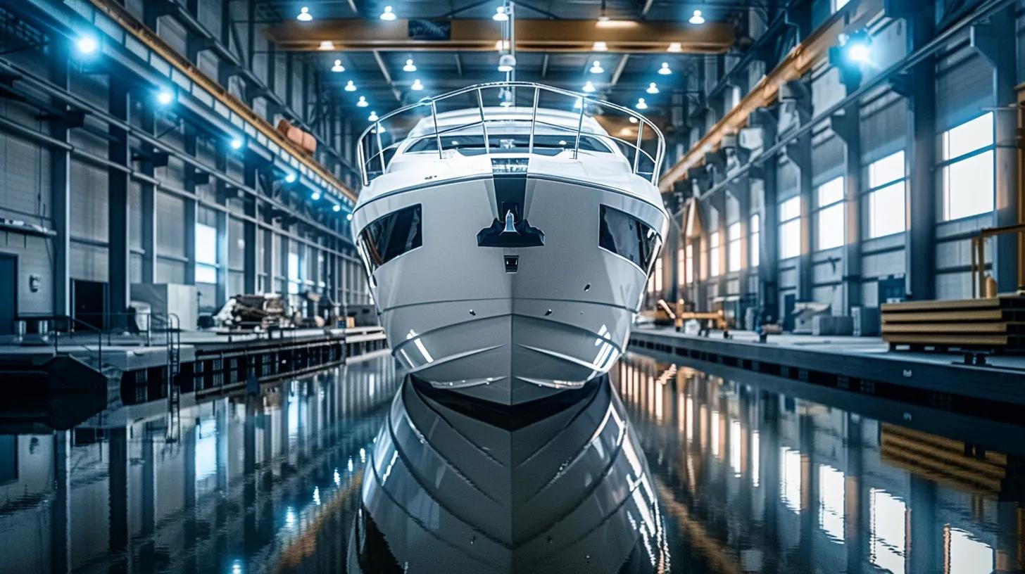 a sleek, freshly coated freshwater boat gleams under bright artificial lights in a modern marina workshop, showcasing its flawless ceramic finish that enhances its aesthetics and encapsulates the essence of cutting-edge marine technology.