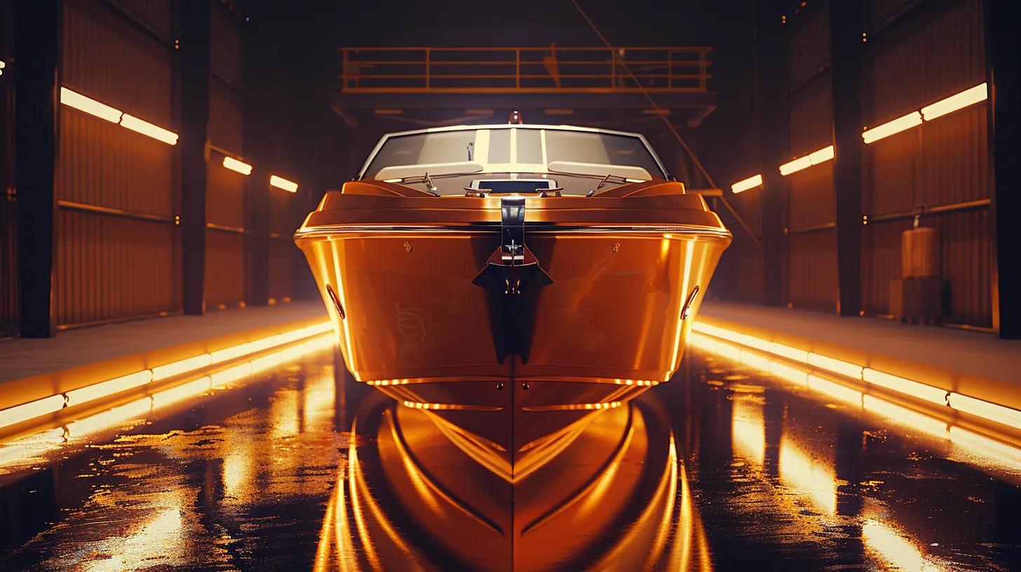 a sleek, freshly coated freshwater boat, gleaming under studio lights with a smooth, reflective finish, showcases the advanced ceramic coating that protects it from environmental stressors, set against a modern, minimalist backdrop.