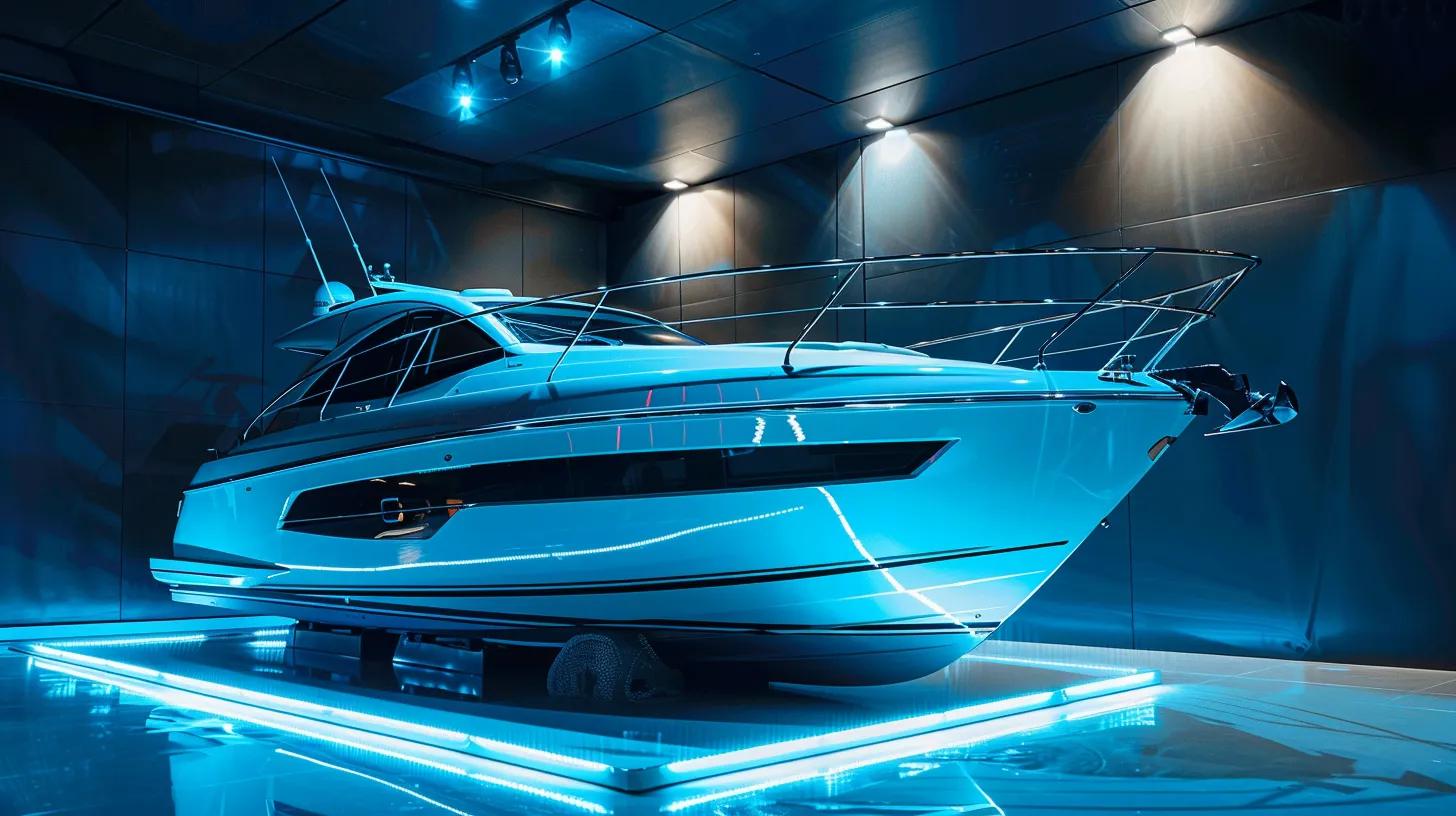 a sleek, modern boat gleams under artificial showroom lights, showcasing its high-gloss ceramic coating, while a backdrop of vibrant blue water reflects the precision and innovation of freshwater marine technology.