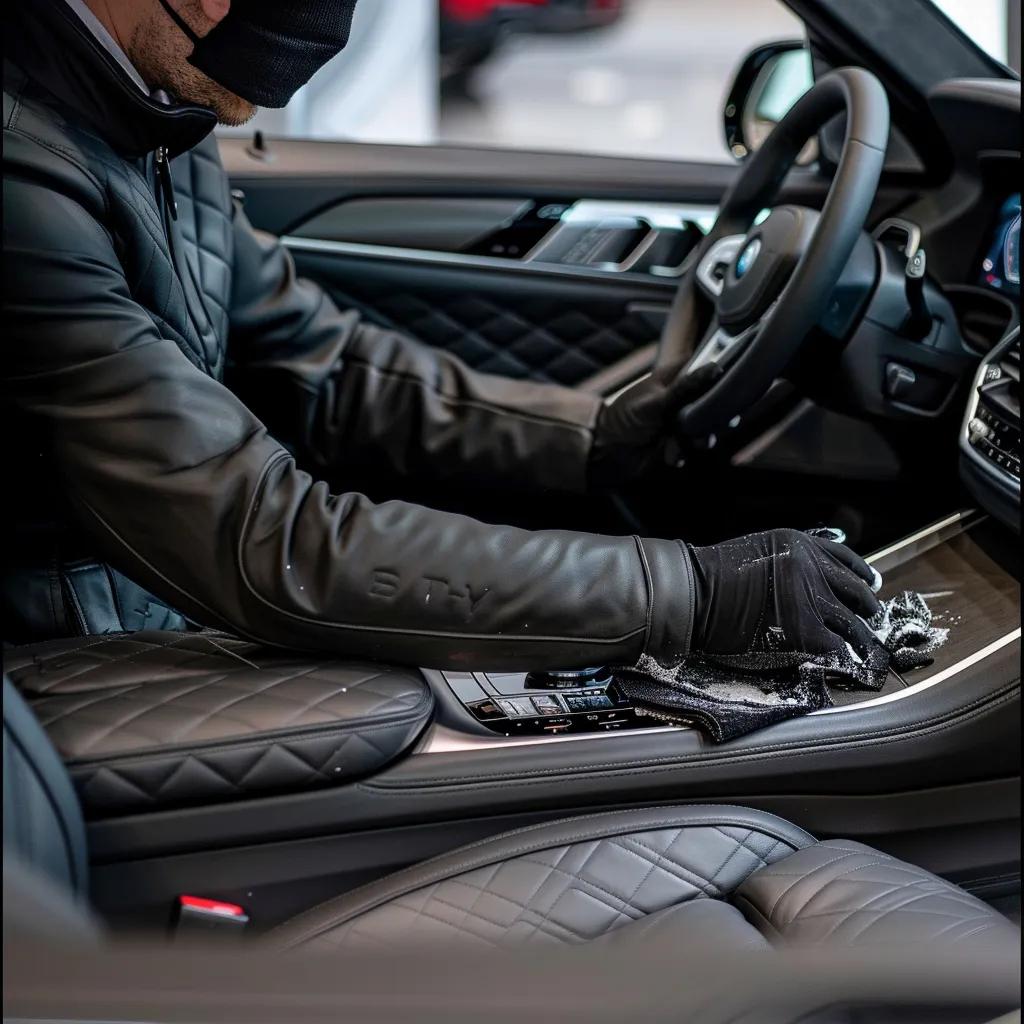 Technician cleaning leather seats and dashboard during interior car detailing service