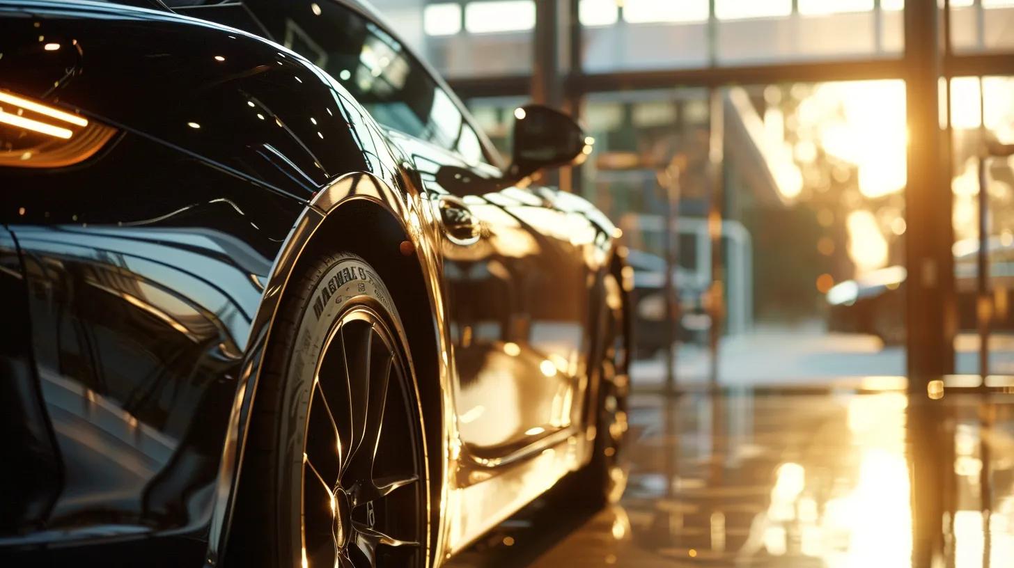 a sleek, polished car glistens under the warm glow of strategically placed showroom lighting in a modern detailing studio, showcasing the meticulous care and high-quality service that bring out the vehicle's stunning aesthetics and value.