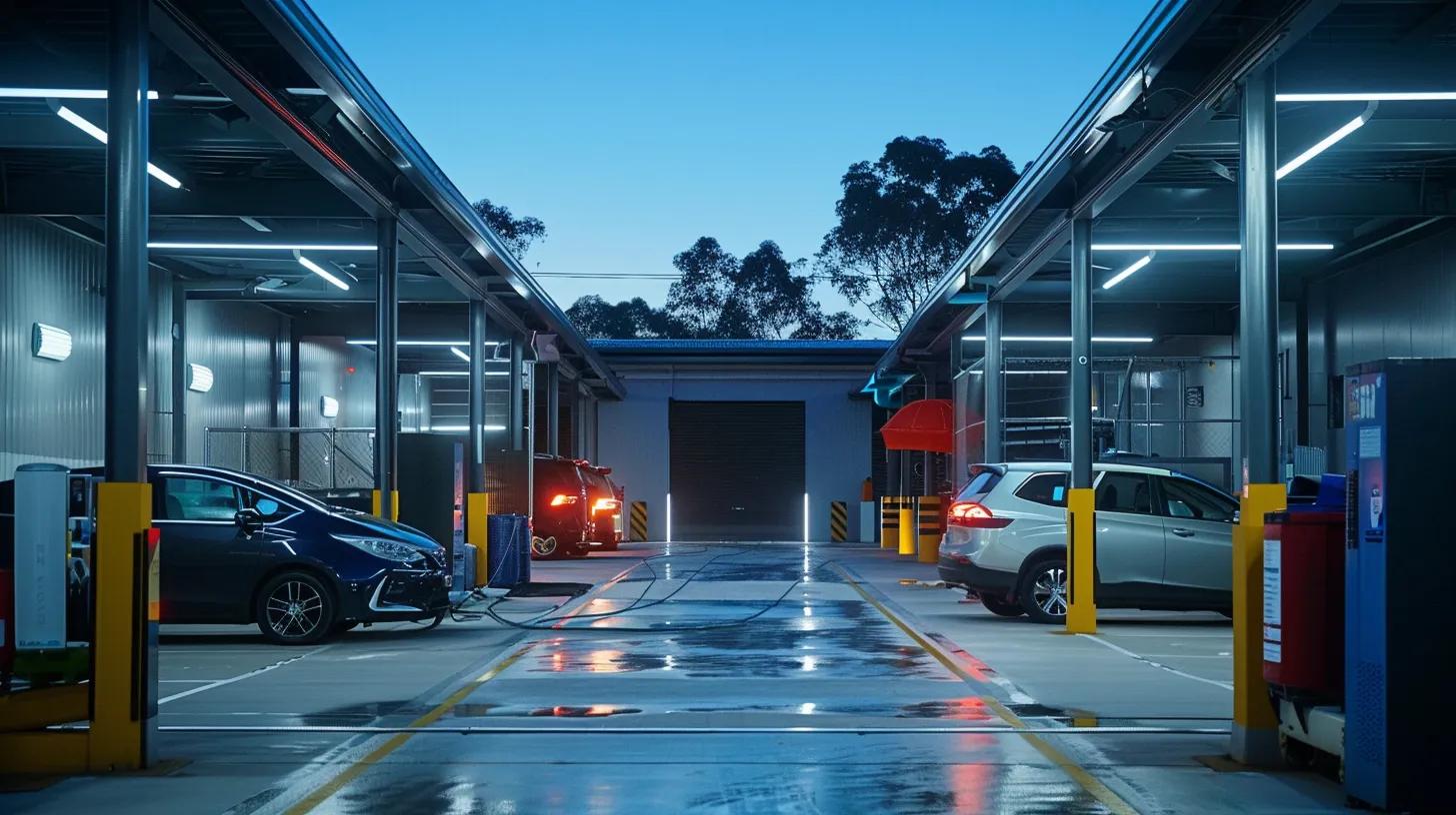an inviting car wash facility in brookvale, showcasing gleaming vehicles being meticulously detailed under bright overhead lights, with satisfied customers observing the exceptional service in a clean, modern setting.