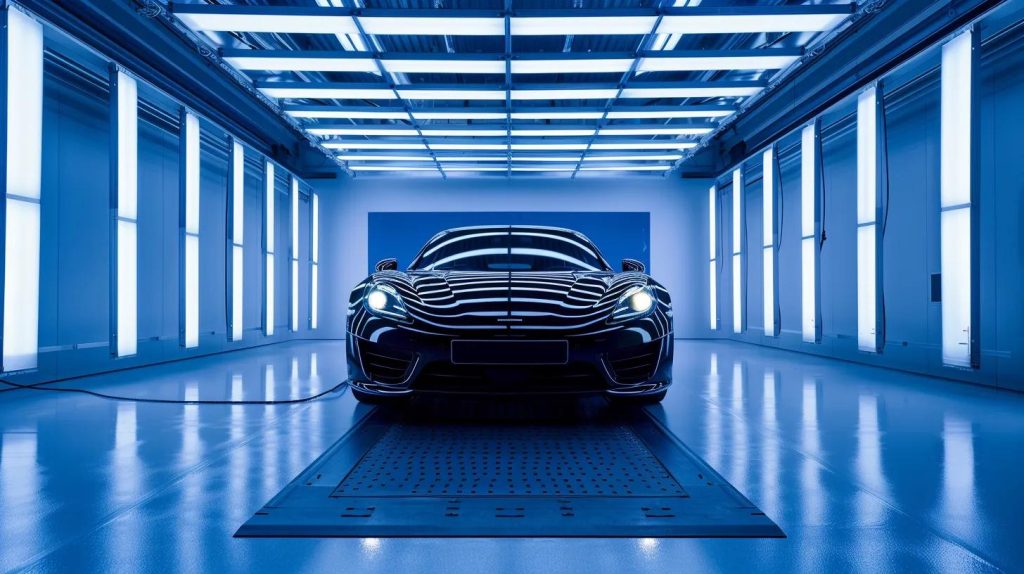 a sleek, modern car gleams under bright, focused studio lighting as it undergoes meticulous detailing in a sophisticated automotive workshop, showcasing the luxurious experience offered by car wash brookvale & northern beaches.