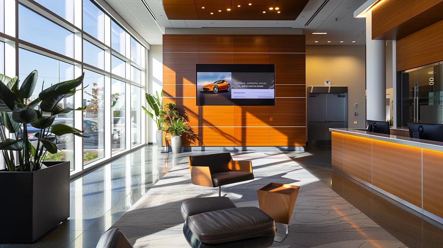 a sleek, modern office reception area features a vibrant digital display showcasing an easy-to-use booking interface for deluxe car wash services, with sunlit glass accents reflecting a sense of efficiency and elegance.