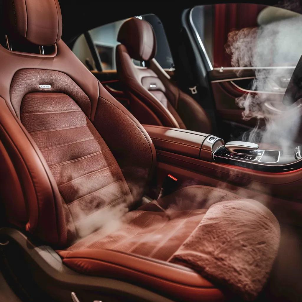 Interior car detailing process with a technician cleaning seats and carpets