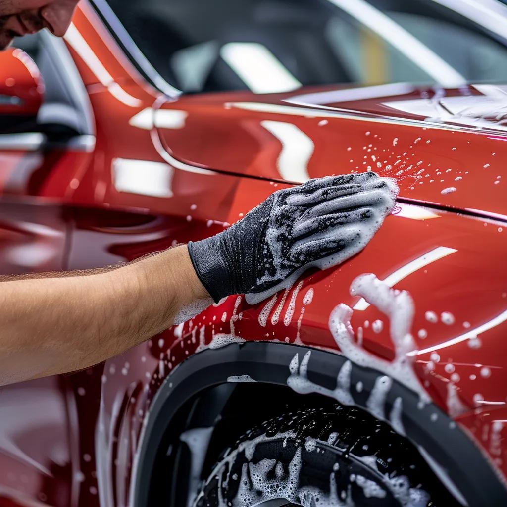 Exterior car detailing with a technician applying clay bar treatment and washing