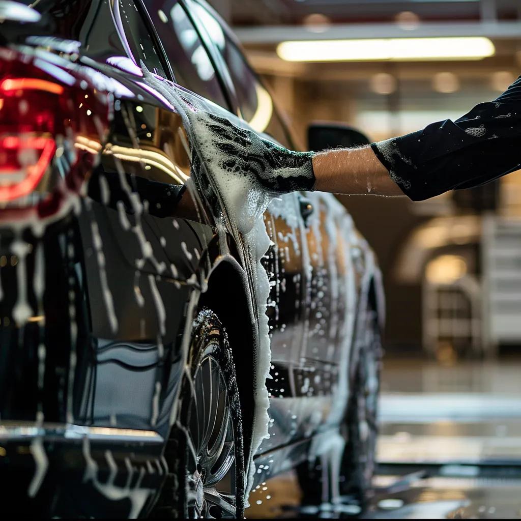Technician performing a hand car wash with pH-neutral shampoo, highlighting attention to detail