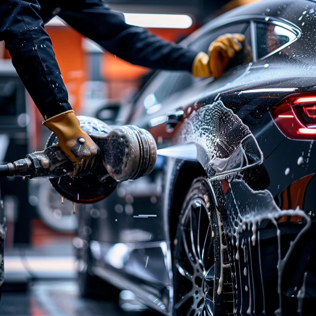 Technician polishing a car during exterior detailing service, highlighting the restoration process