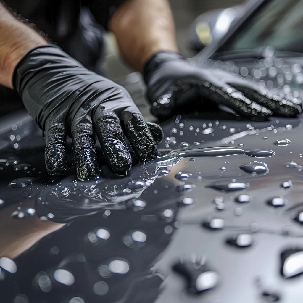 Close-up of ceramic coating application on a car's surface, demonstrating paint protection benefits