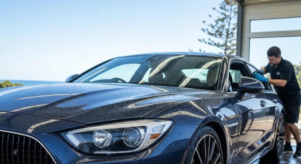 Luxury car detailing at Deluxe Car Wash Brookvale with a technician and coastal backdrop
