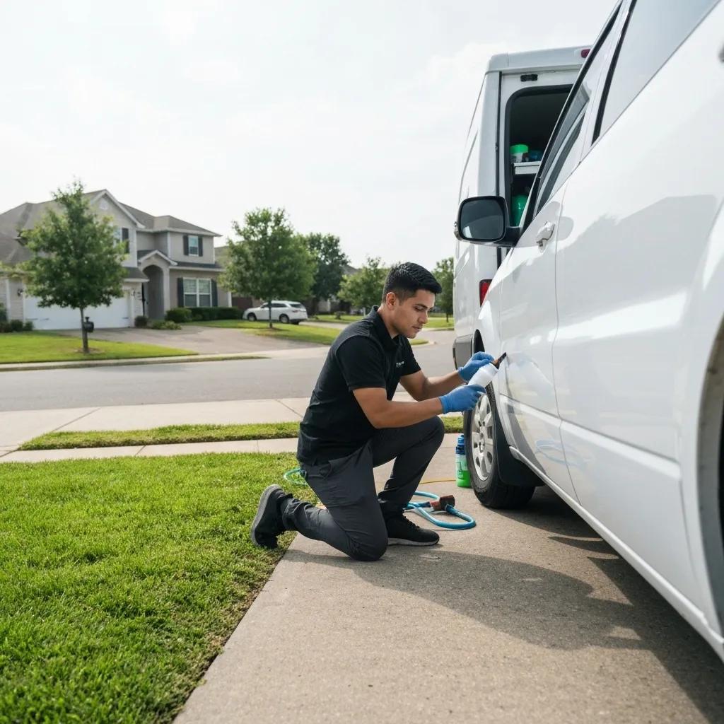 Mobile car detailing service with a technician working on a vehicle in a residential driveway