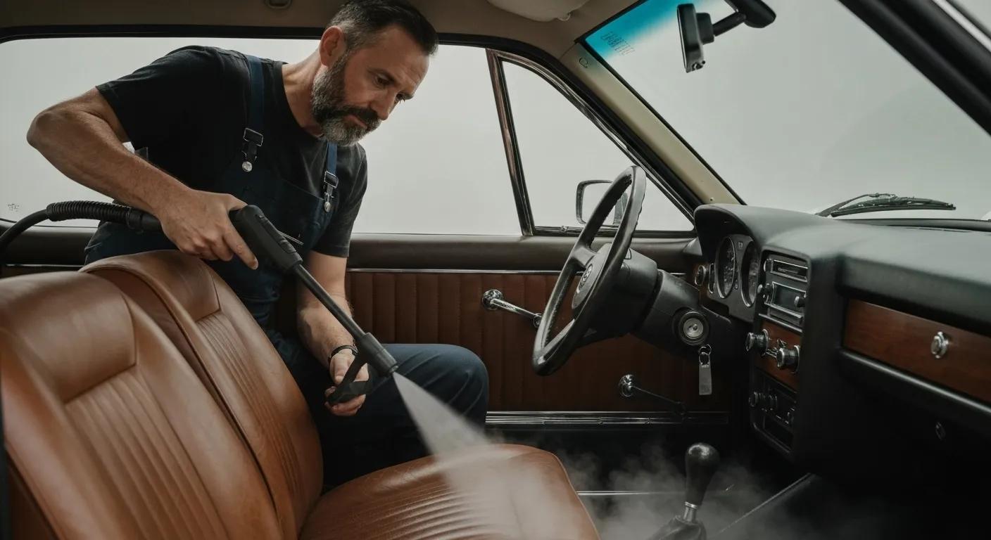 A skilled technician meticulously performing interior car detailing using professional steam cleaning equipment