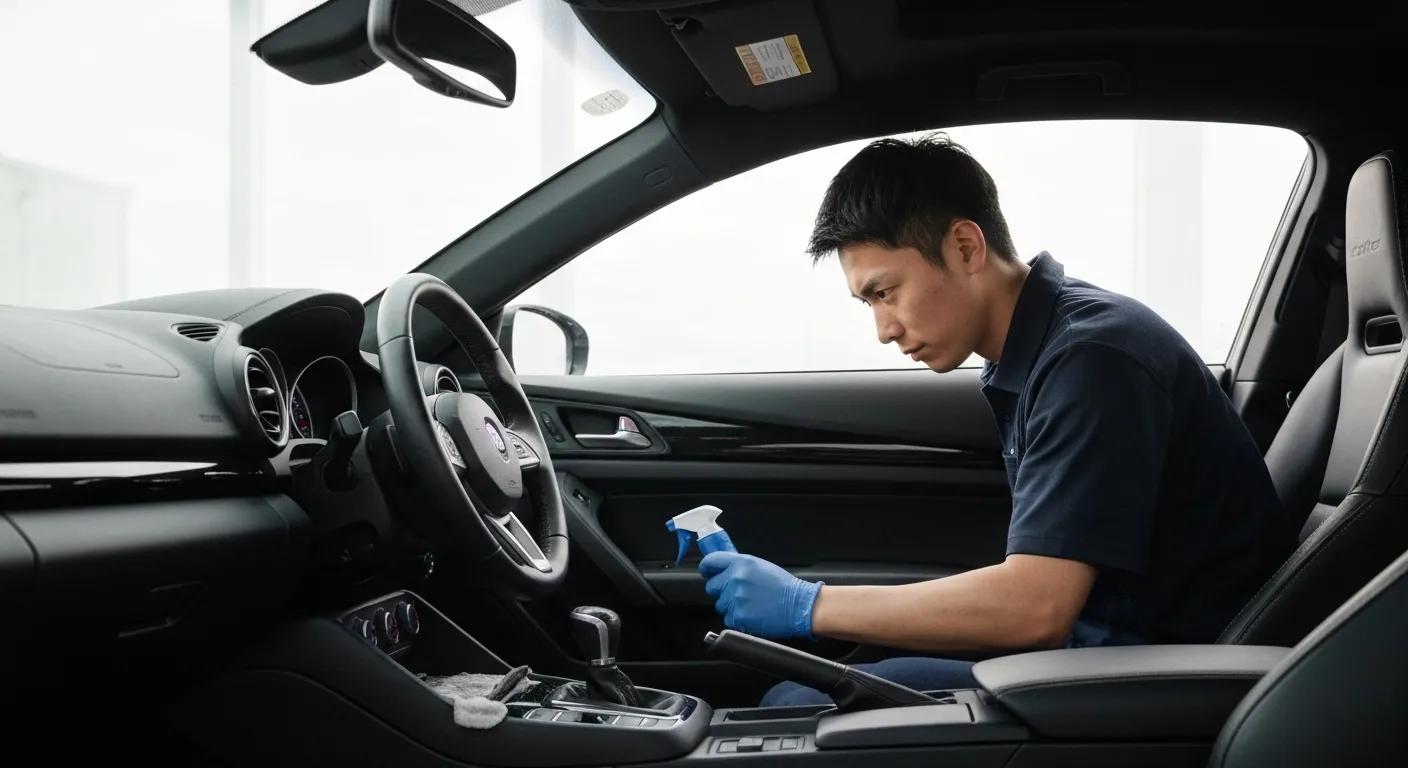 Technician performing interior detailing on a car, highlighting cleanliness and freshness