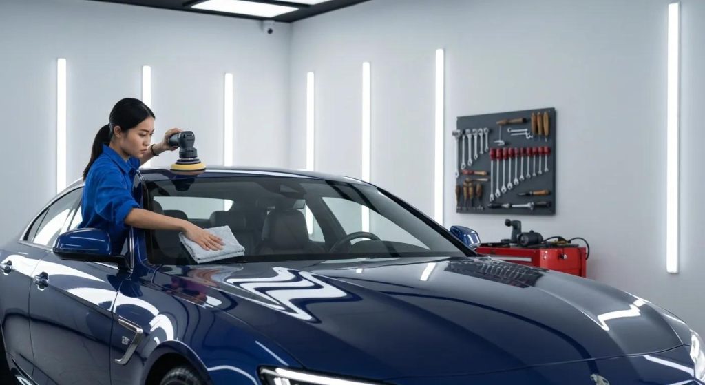 Luxurious car being detailed with a glossy finish in a professional automotive detailing shop