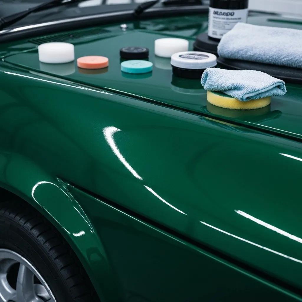 Close-up of a car's exterior after paint correction, illustrating the glossy finish and detailing tools