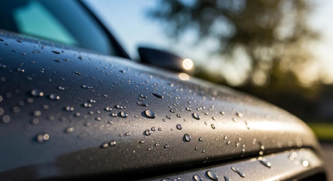 A close-up view of a car's surface showcasing perfectly formed water beads after a ceramic coating application
