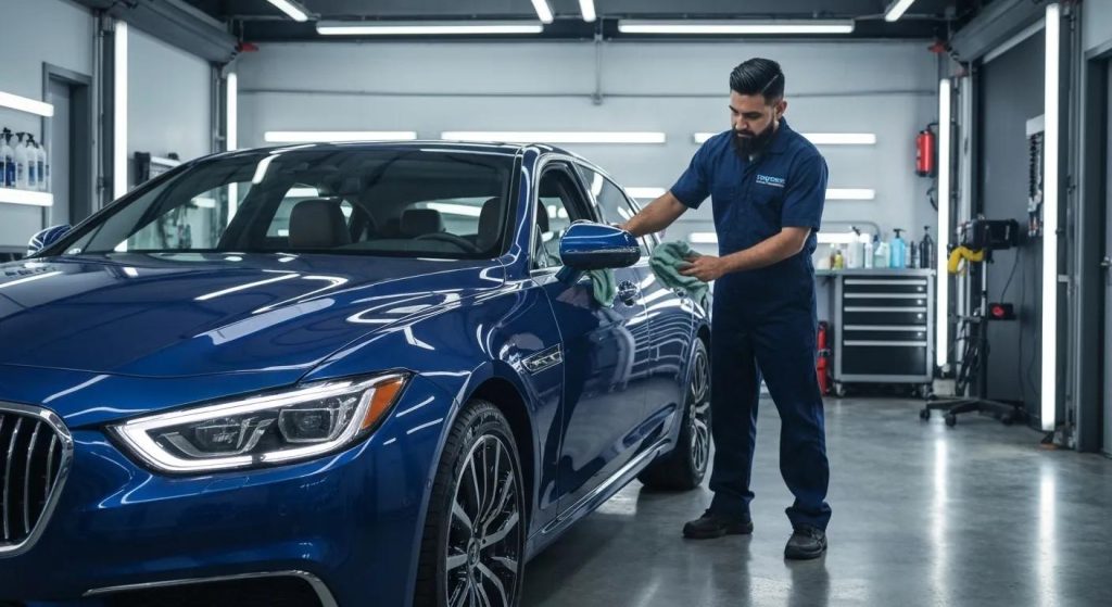 Luxurious car being detailed in a professional automotive shop, highlighting premium car detailing services