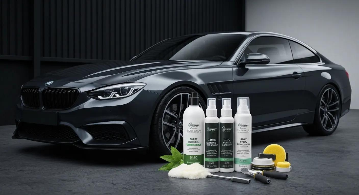 Eco-friendly automotive detailing products including biodegradable shampoos and low-VOC ceramic coatings
