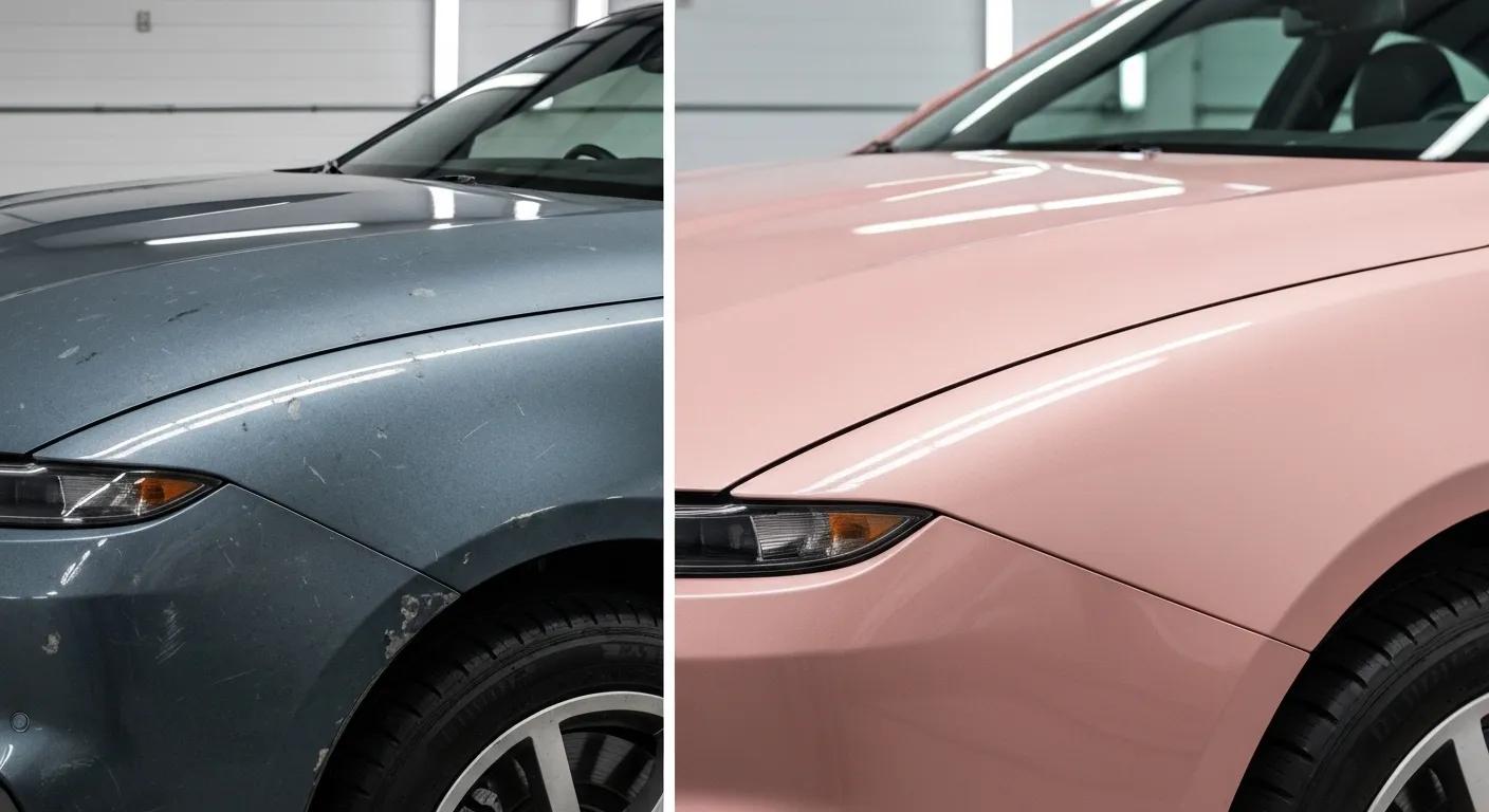 Before-and-after comparison of paint correction results on a vehicle
