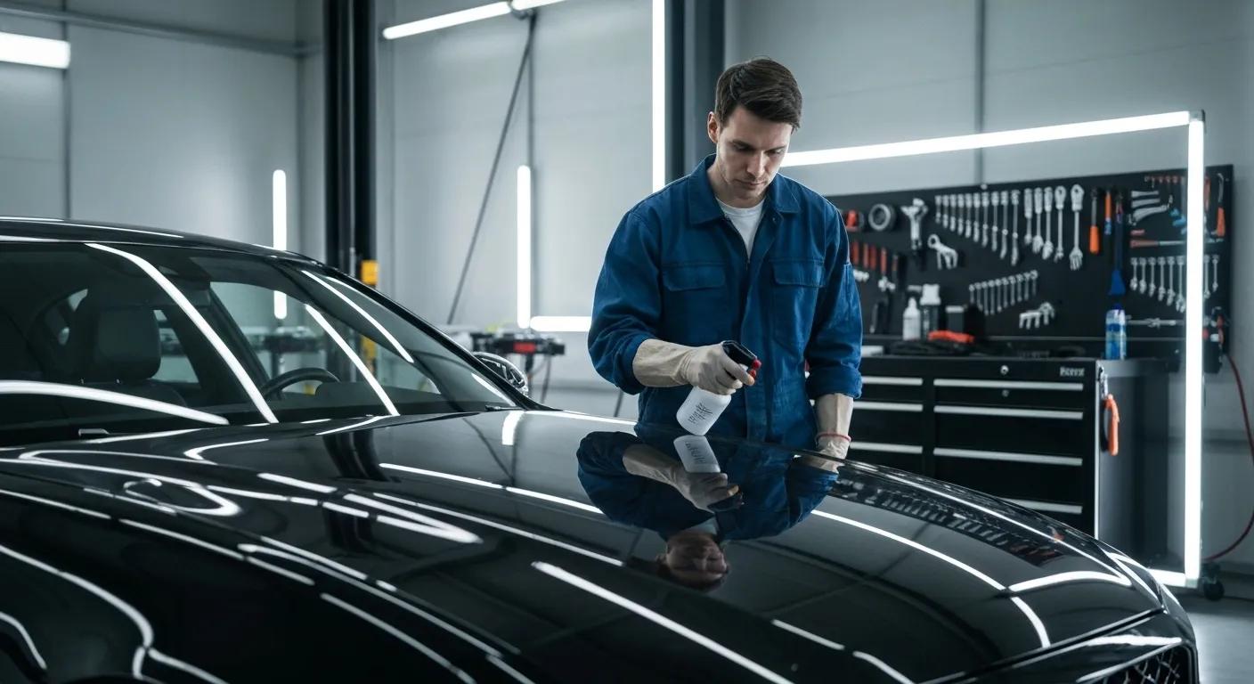 Technician applying ceramic coating to a car, showcasing the detailing process
