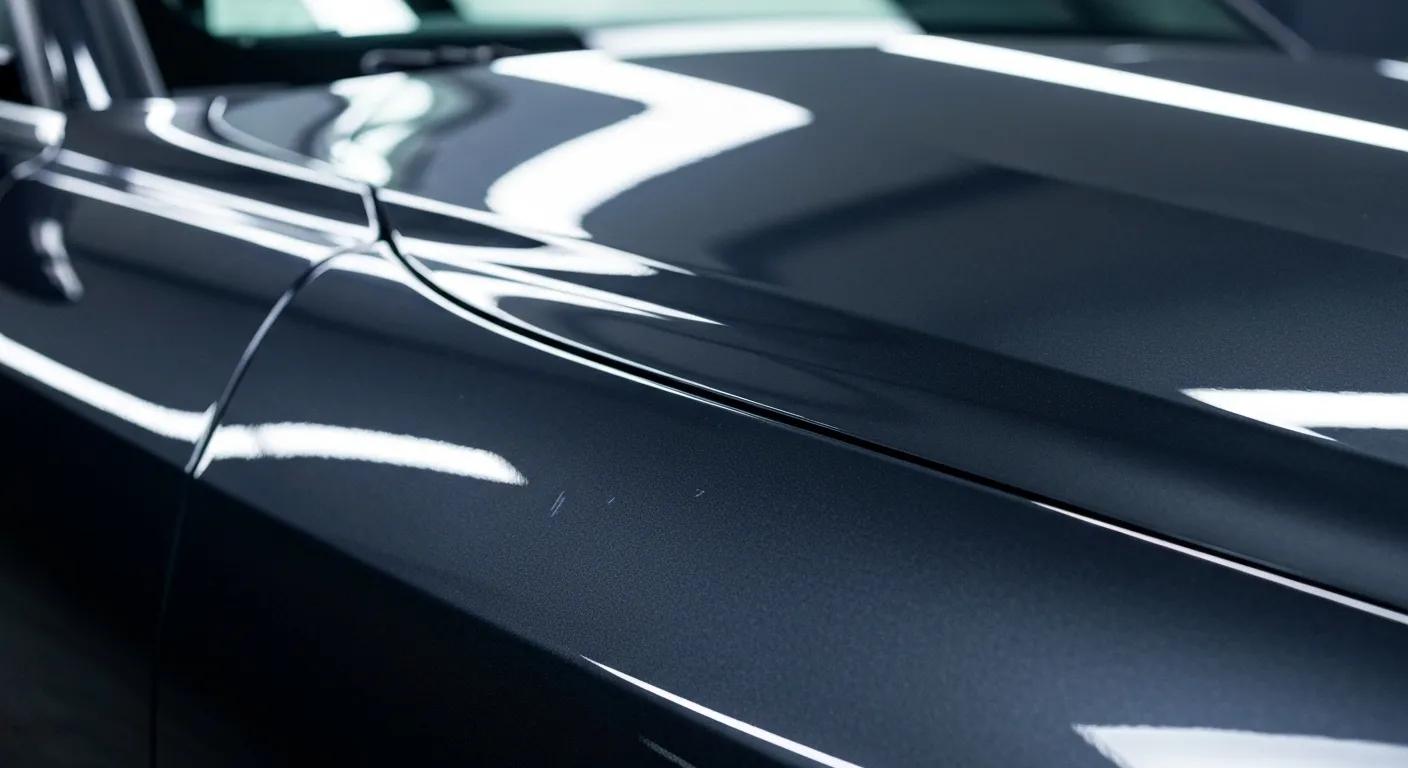 Detailed view of exterior car detailing, showcasing polishing and clay bar treatments