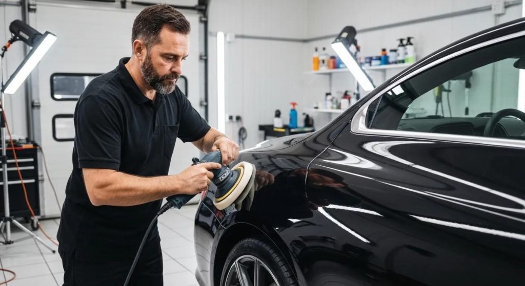 Luxury car detailing service with a technician polishing a vehicle in a professional setting