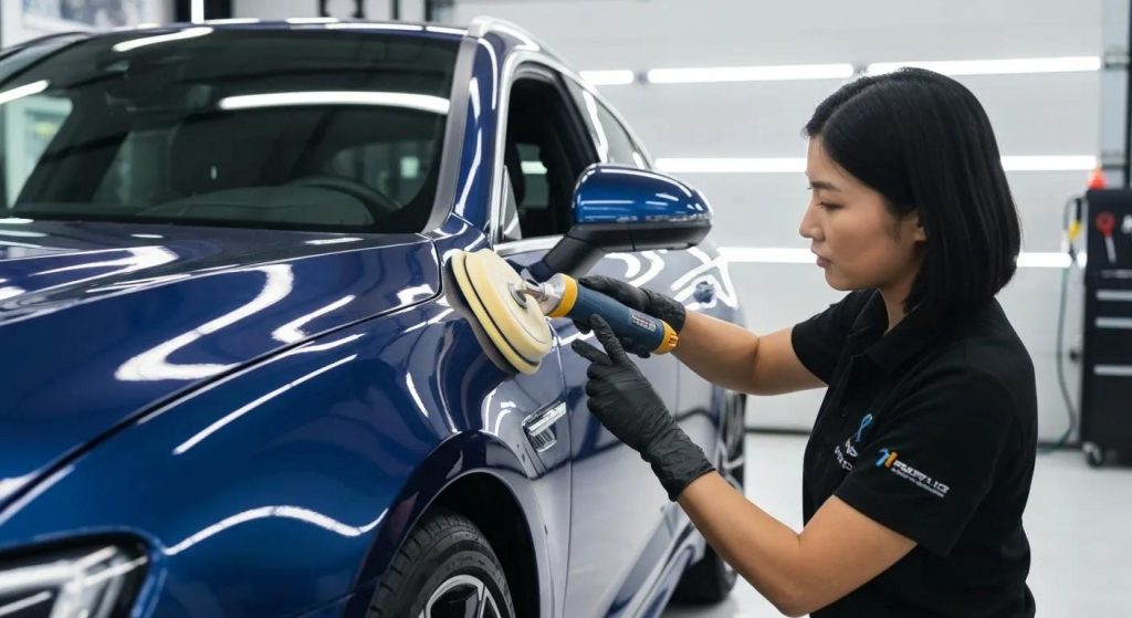 A technician meticulously polishing the exterior of a high-end vehicle, highlighting a premium car detailing service
