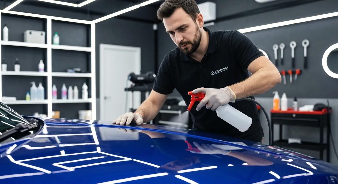 A technician carefully applying ceramic coating to a car's surface during a detailing service