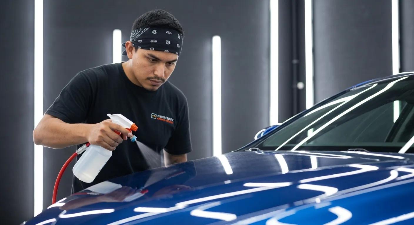 Technician applying ceramic coating to a car, showcasing the detailed process and glossy finish