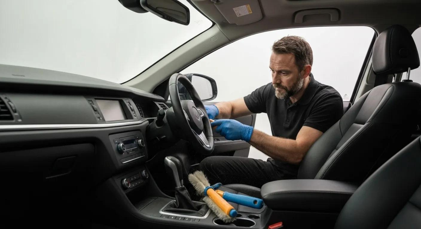 Technician performing interior car detailing, showcasing professional cleaning services for hygiene and comfort