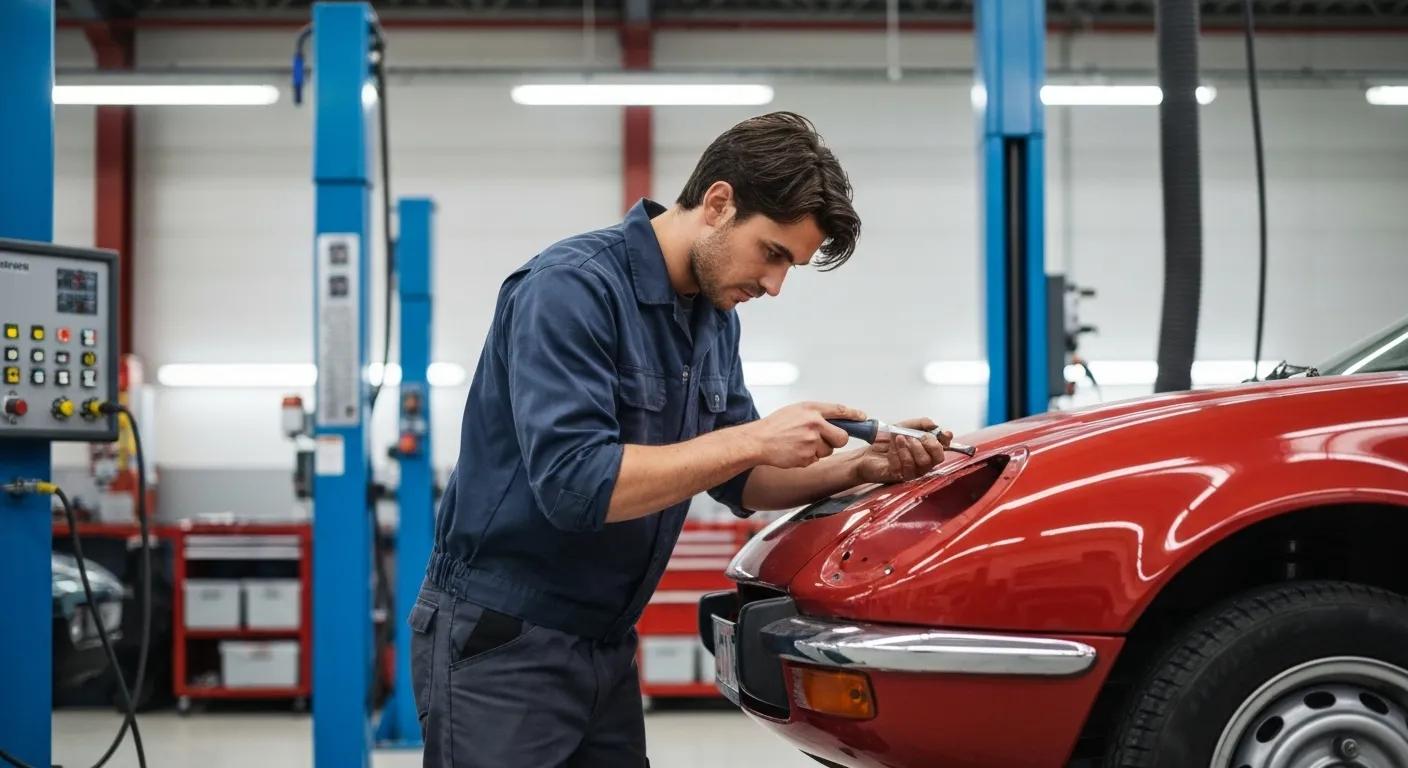 A skilled technician performing paintless dent repair on a vehicle within a professional automotive workshop setting