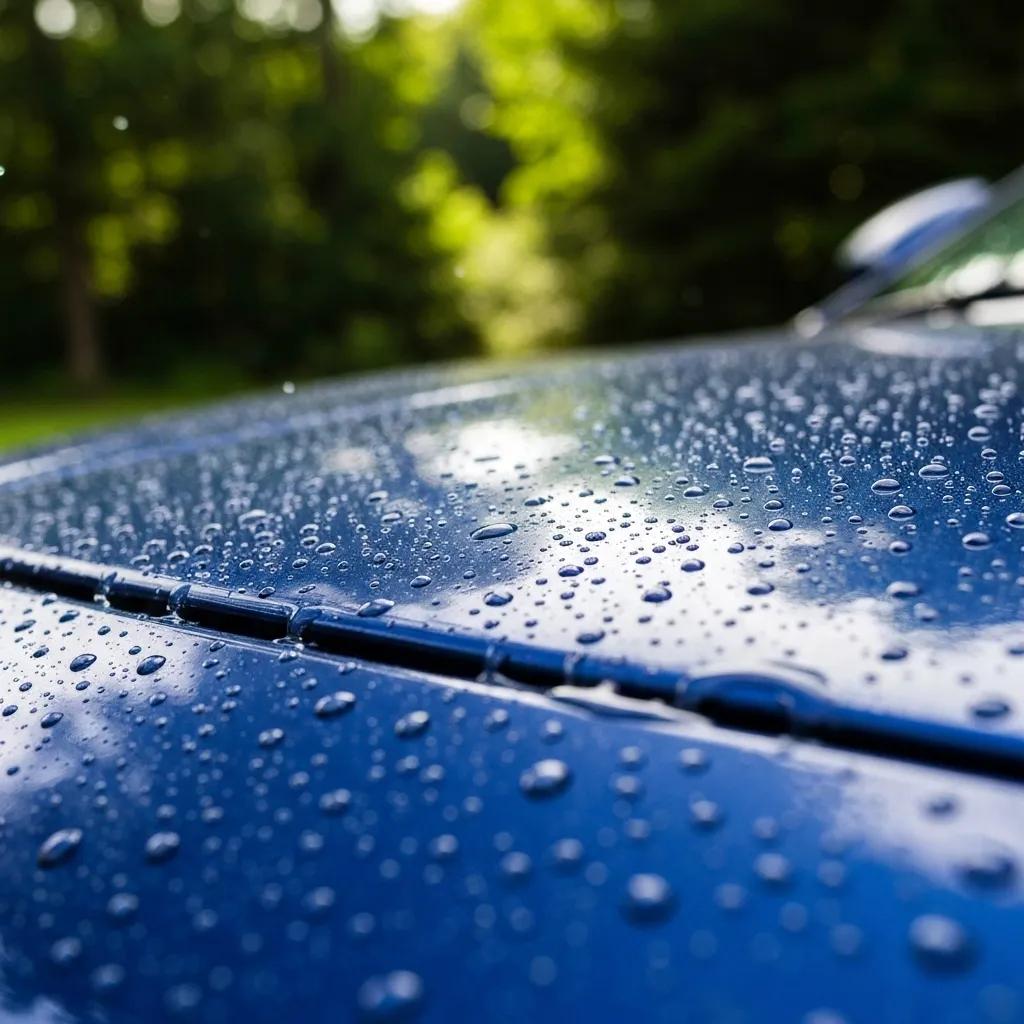 A close-up view of a car's surface treated with ceramic coating, showcasing its exceptional gloss and water-repelling capabilities