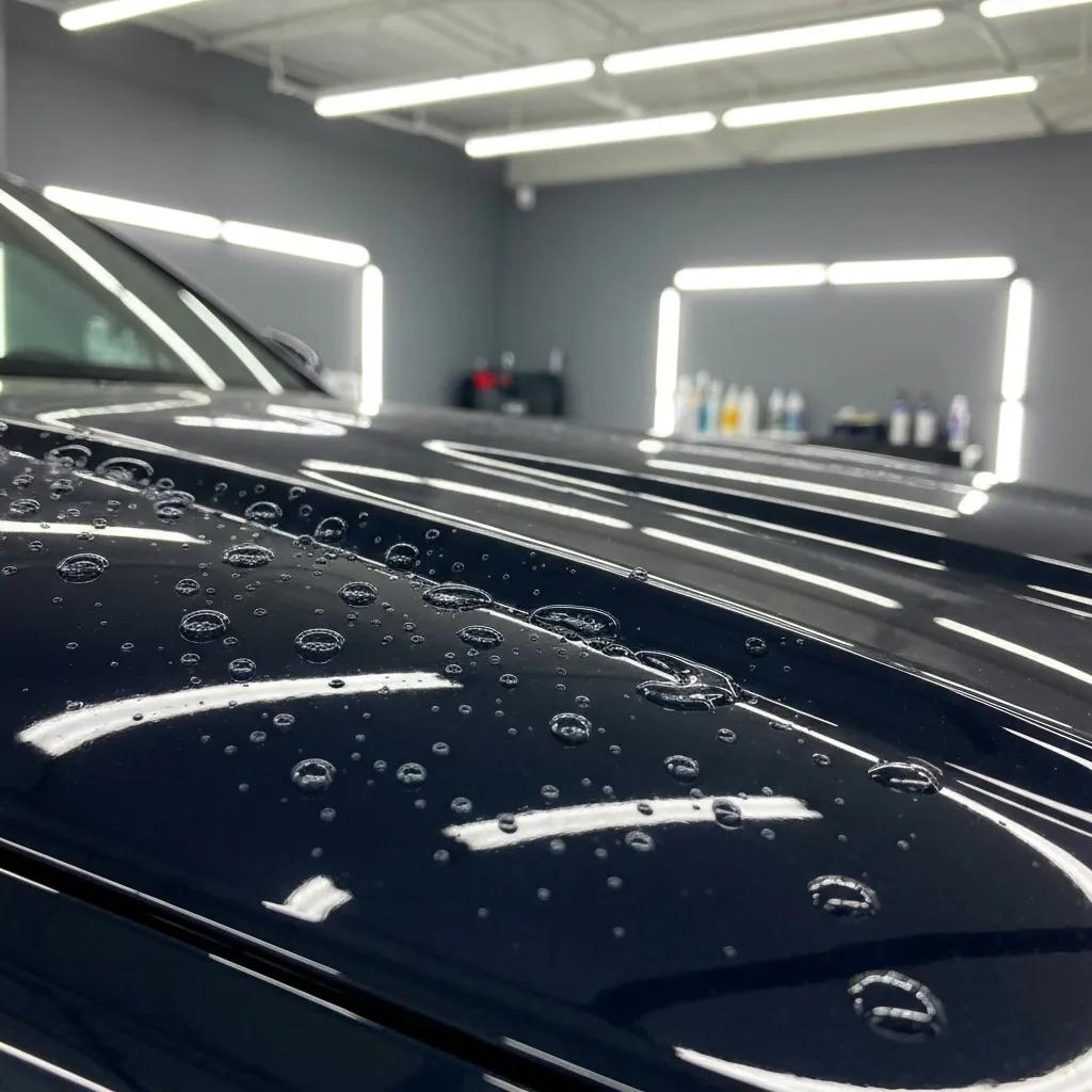 Close-up of a car's surface with graphene coating, showcasing hydrophobic properties and glossy finish