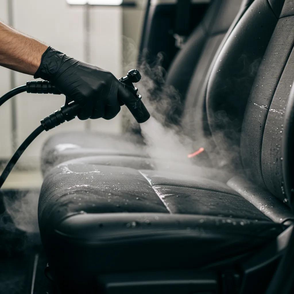 A detailer using a steam cleaner on car upholstery, demonstrating our thorough interior detailing services