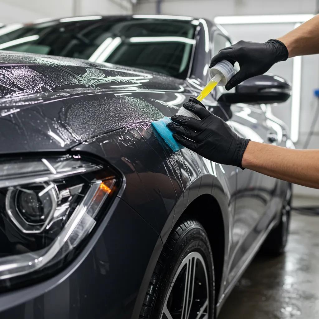 A technician carefully applying ceramic coating to a car's surface, illustrating our advanced paint protection solutions