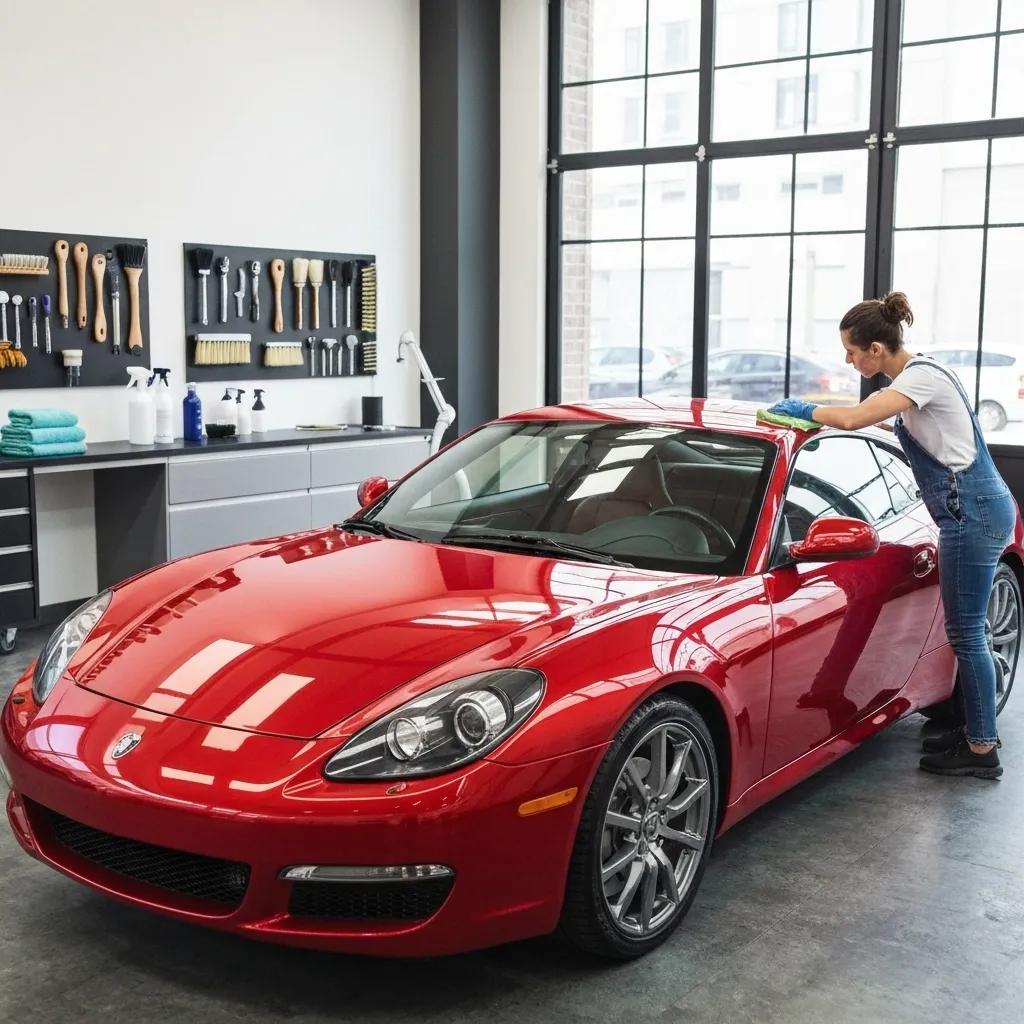A selection of car detailing packages displayed alongside a gleaming vehicle in a professional setting