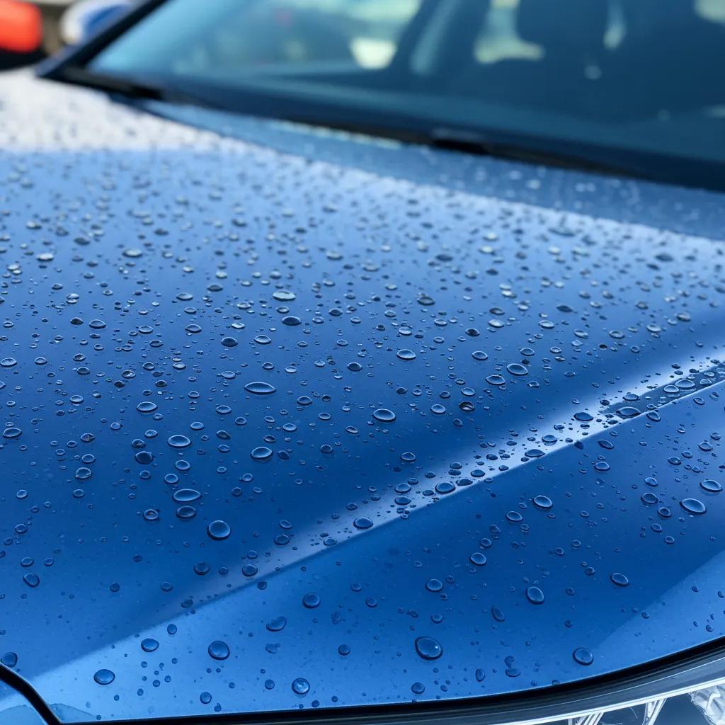 Close-up of a car hood showcasing the glossy finish and water beading effect of ceramic coating