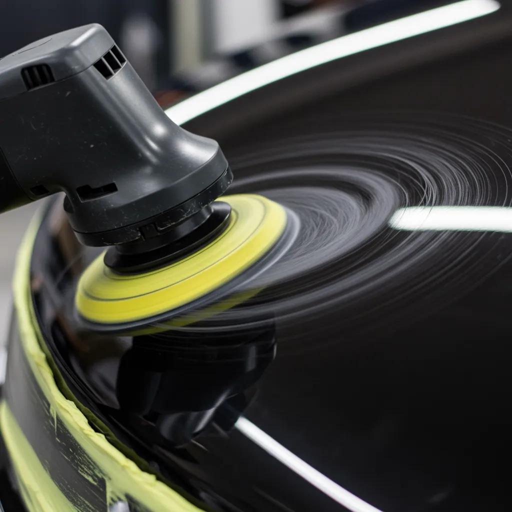 Detailed view of the paint correction process, highlighting the removal of swirl marks and surface smoothing