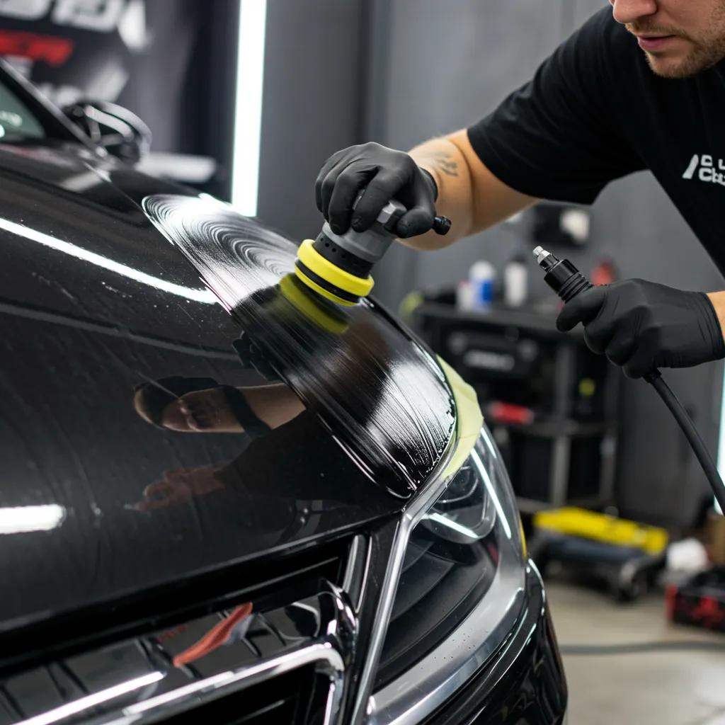 Expert applying ceramic coating to a car for superior protection and a brilliant shine