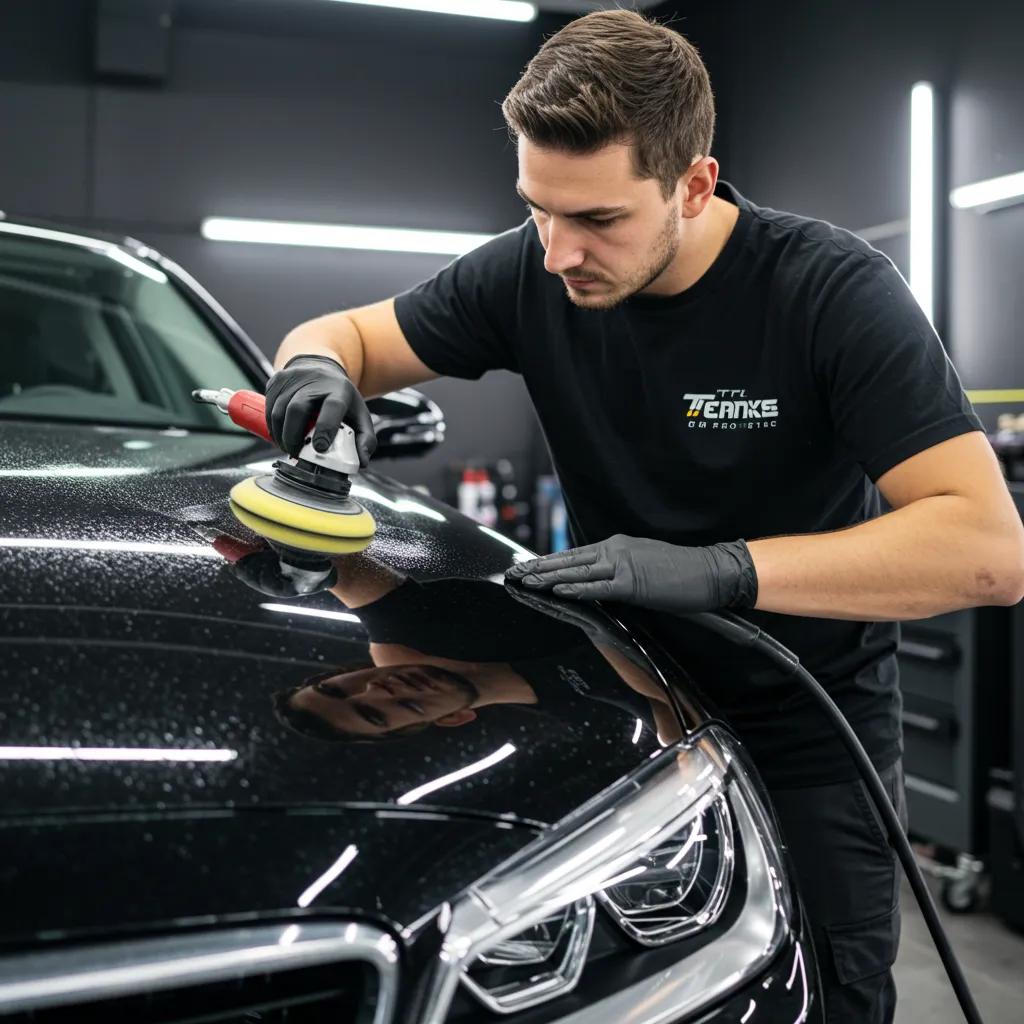 A skilled technician carefully applying ceramic coating to a car's surface, demonstrating the advanced paint protection process.