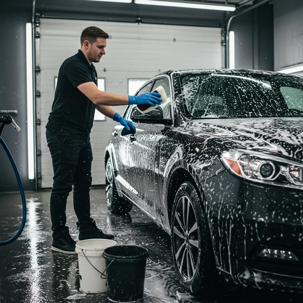 A meticulous technician performing a luxury hand car wash, demonstrating exceptional care and attention to detail.
