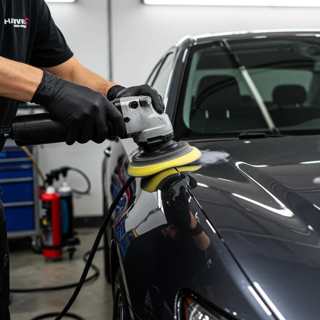 Technician performing exterior detailing on a car, highlighting the polishing process and tools