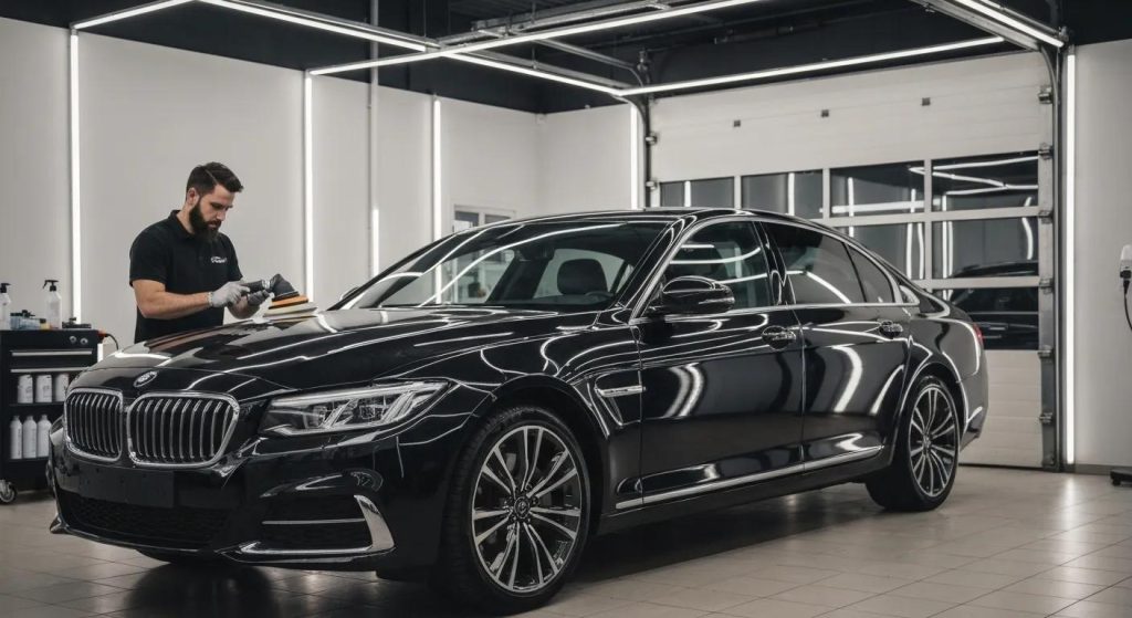 Luxurious car detailing in a professional shop, highlighting premium vehicle care and detailing services