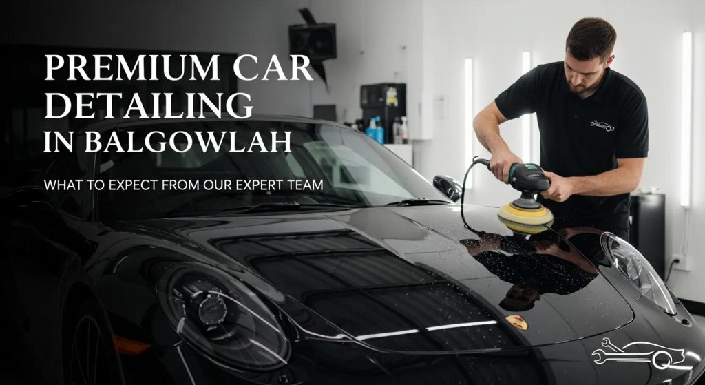 Premium car detailing in Balgowlah, technician polishing a black vehicle with a dual-action polisher, showcasing expert detailing services.