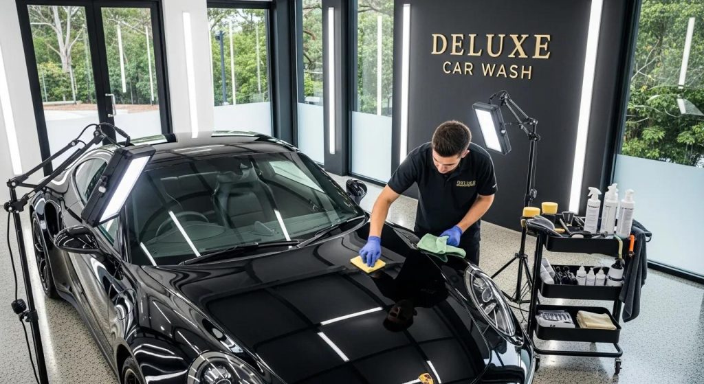 Luxury car being polished by a technician at Deluxe Car Wash, showcasing ceramic paint protection application in a modern detailing studio.