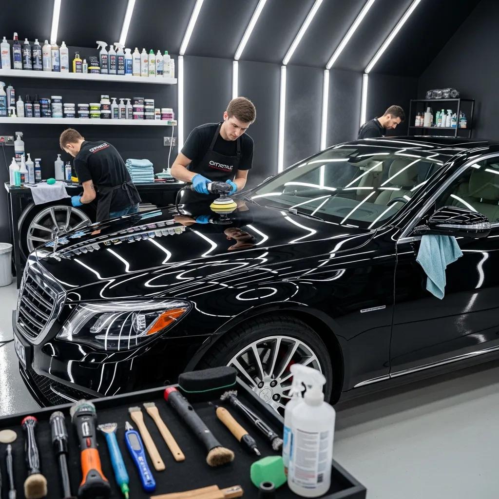 Luxury car detailing in a professional workshop, featuring technicians using premium tools and products on a black luxury vehicle, emphasizing meticulous care and high-quality service.
